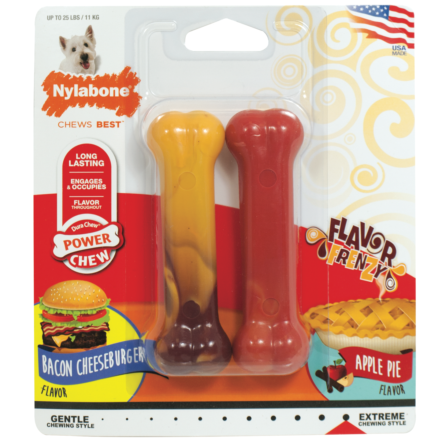 Nylabone Power Chew Flavor Frenzy Durable Dog Chew Toys Twin Pack Bacon Cheeseburger & Apple Pie Small/Regular