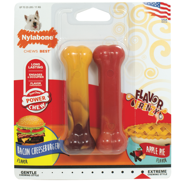 Nylabone Power Chew Flavor Frenzy Durable Dog Chew Toys Twin Pack Bacon Cheeseburger & Apple Pie Small/Regular