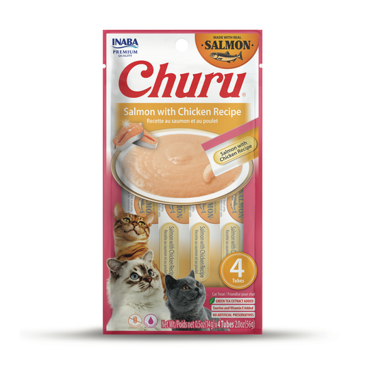 INABA Churu Cat Treats, Grain-Free, Lickable, Squeezable Creamy Purée Cat Treat with Vitamin E & Taurine, 0.5 Ounces Each Tube, 4 Tubes, Salmon with Chicken Recipe