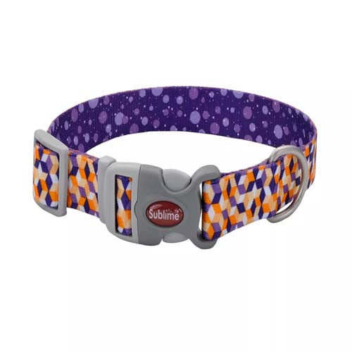 Coastal Sublime 1in Wide 12-18in Adjustable Dog Collar Purple Orange Cubes