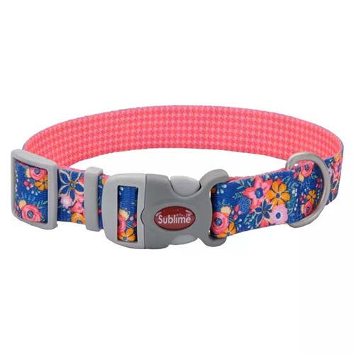 Coastal Sublime 1in Wide 12-18in Adjustable Dog Collar Flowers on Navy