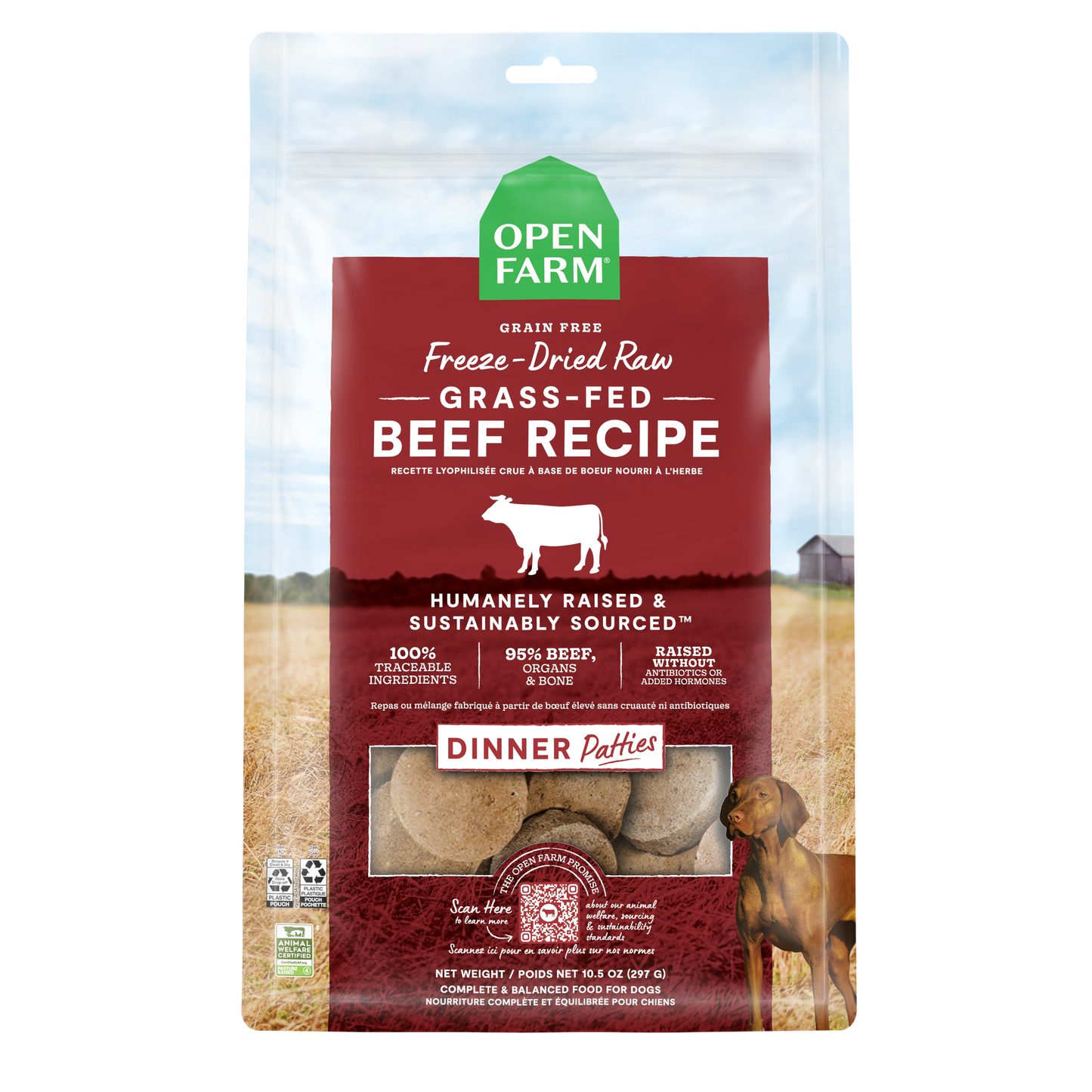 Open Farm Grass-Fed Beef Freeze Dried Raw Patties For Dogs 10.5oz Bag