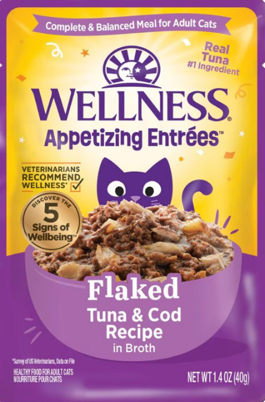 Wellness Appetizing Entrees Flaked Cat Food Pouch Tuna & Cod in Broth Recipe 1.4oz