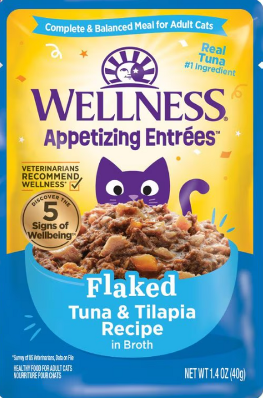 Wellness Appetizing Entrees Flaked Cat Food Pouch Tuna & Tilapia in Broth Recipe 1.4oz