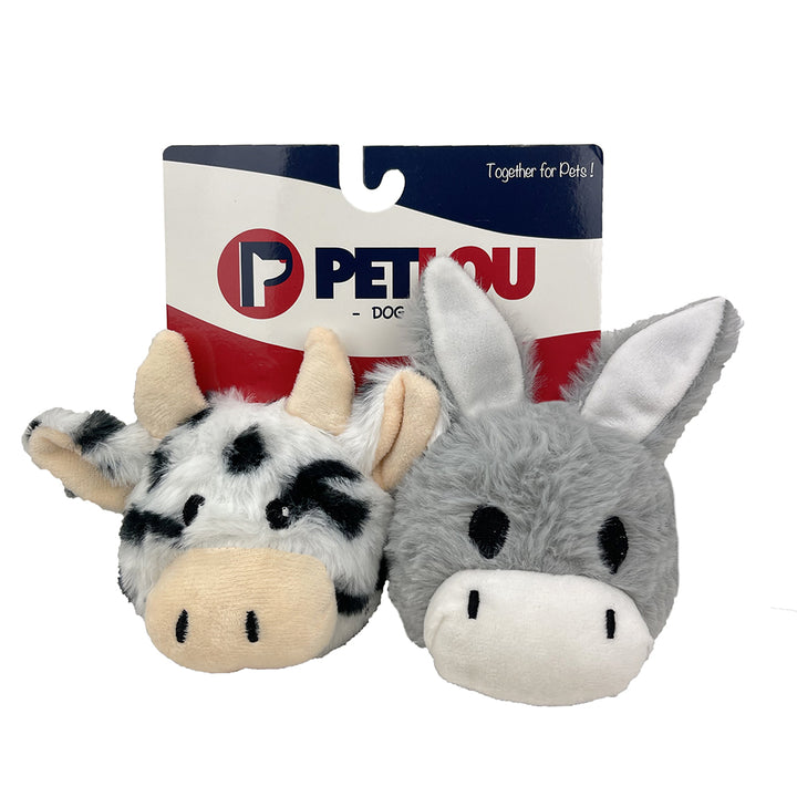 Petlou Plush Dog Toy Squeaky Cow and Donkey 4in 2pk