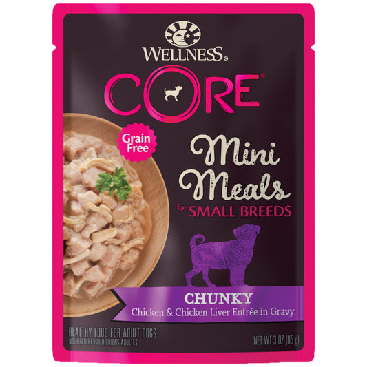 Wellness CORE Natural Grain Free Small Breed Mini Meals Wet Dog Food Chunky Chicken & Chicken Liver Entrée in Gravy 3oz Pouch