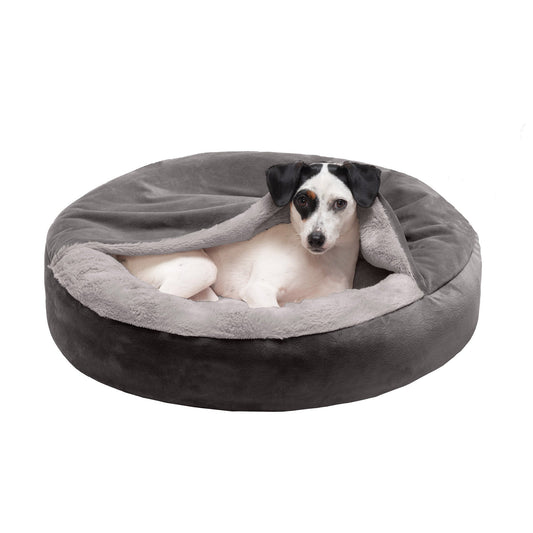 Fur Haven Wave Faux Fur & Velvet Hooded Donut Dog Bed Small Grey