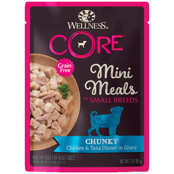 Wellness CORE Natural Grain Free Small Breed Mini Meals Wet Dog Food Chunky Chicken & Tuna Dinner in Gravy 3oz Pouch