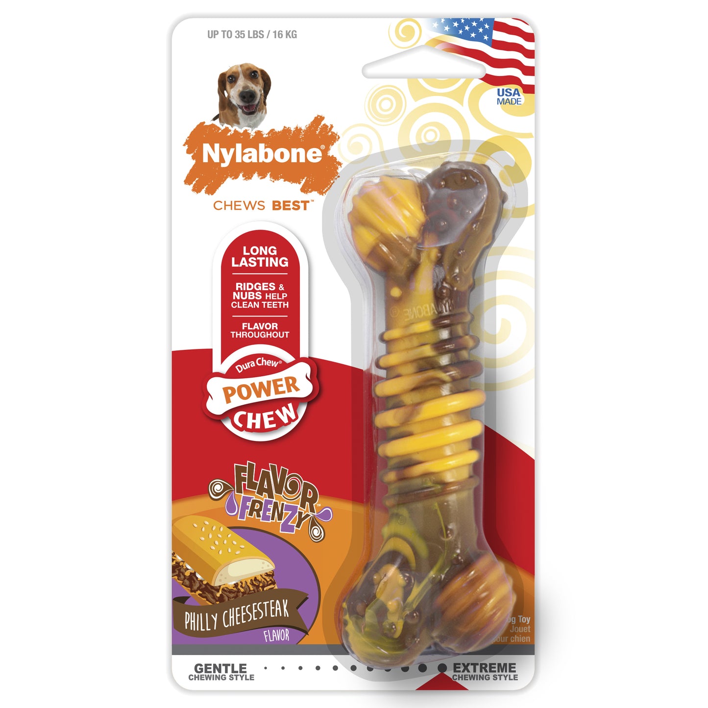 Nylabone Flavor Frenzy Power Chew Durable Dog Chew Toy Philly Cheesesteak Medium/Wolf
