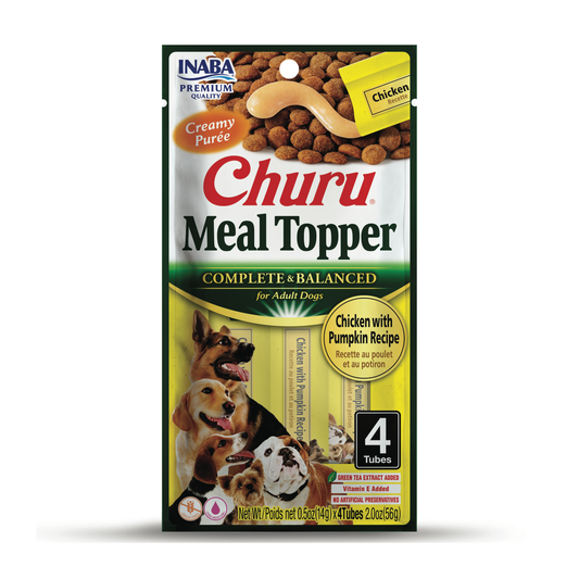 INABA Churu Purée Dog Food Topper, 0.5 Ounce Tube, 4 Tubes, Chicken with Pumkpin Recipe