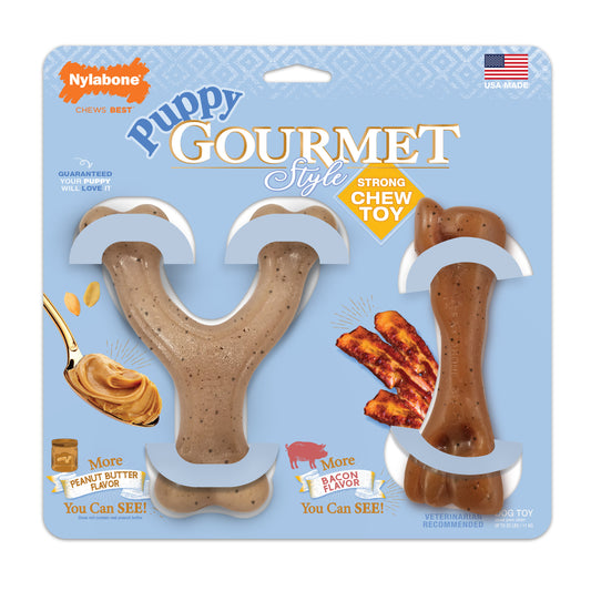 Nylabone Gourmet Style Puppy Chew Toy Twin Pack Bacon, Peanut Butter Small/Regular