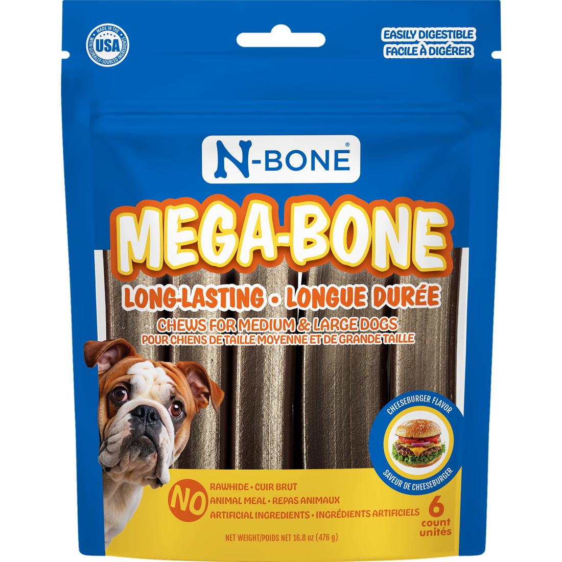 N-bone Mega-bone Long-lasting Chew Sticks, Cheeseburger 6 ct