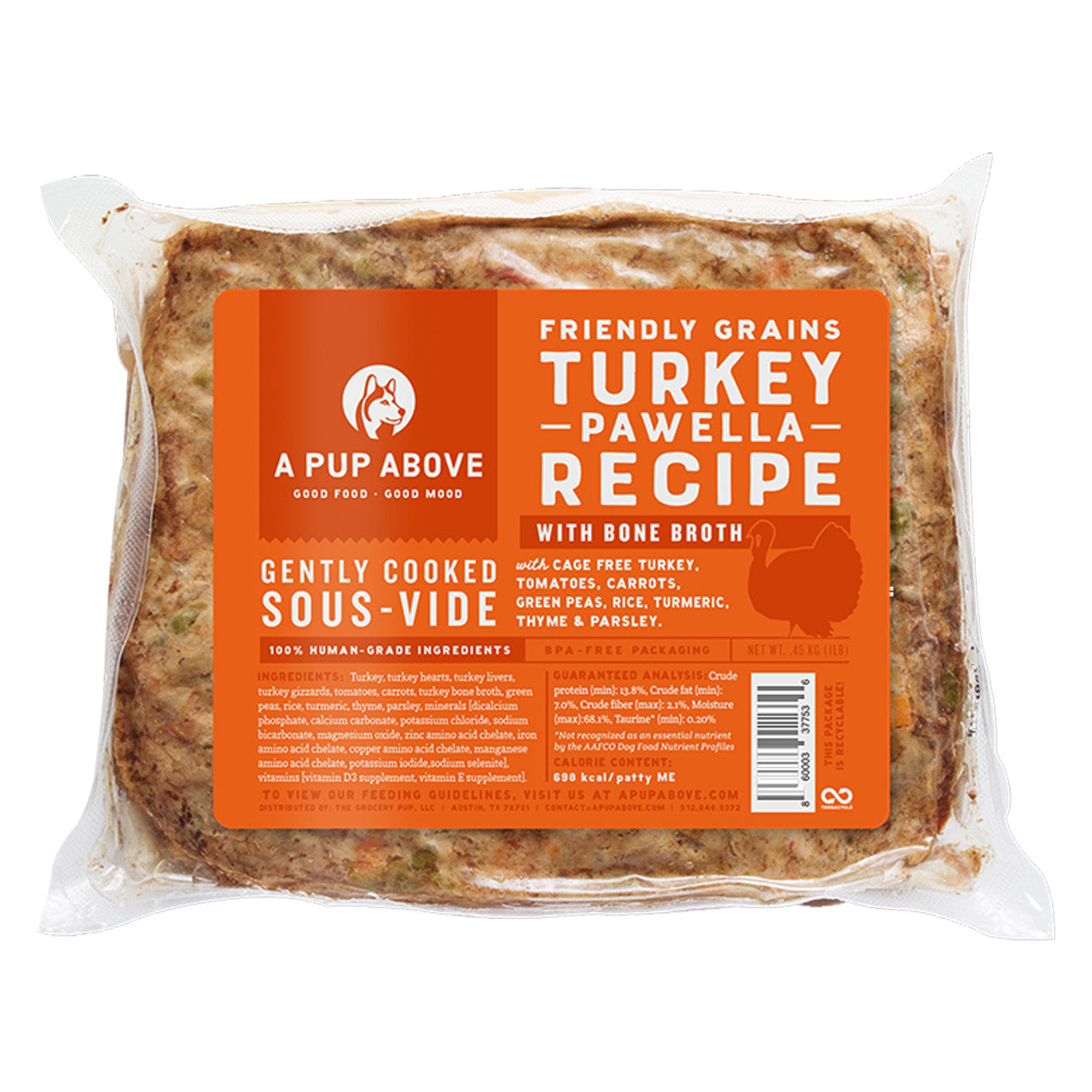 A Pup Above Gently Cooked Friendly Grains Turkey Pawella Recipe w/ Bone Broth Frozen Dog Food 1lb