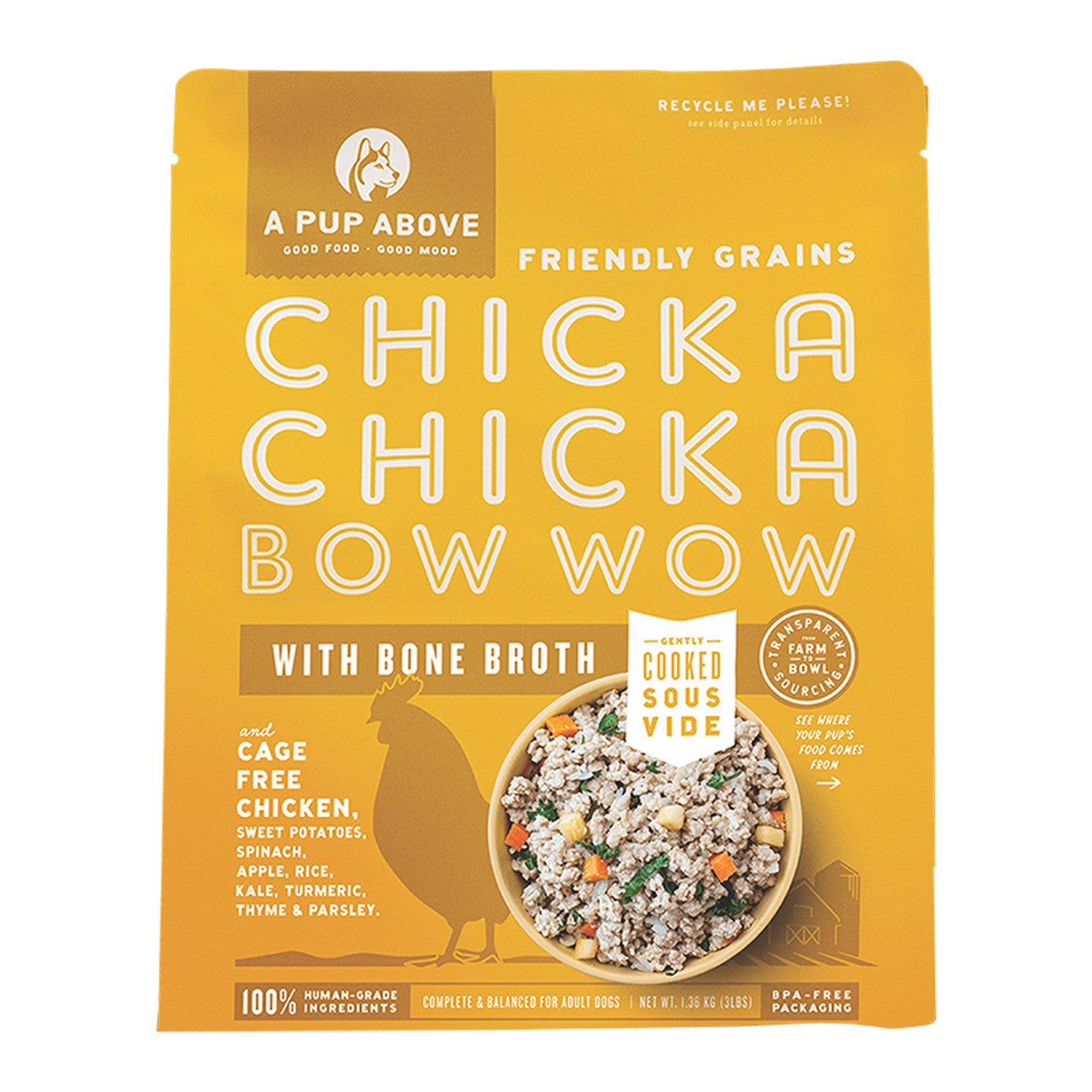 A Pup Above Gently Cooked Friendly Grains Chicka Chicka Bow Wow w/ Bone Broth Frozen Dog Food 3lb