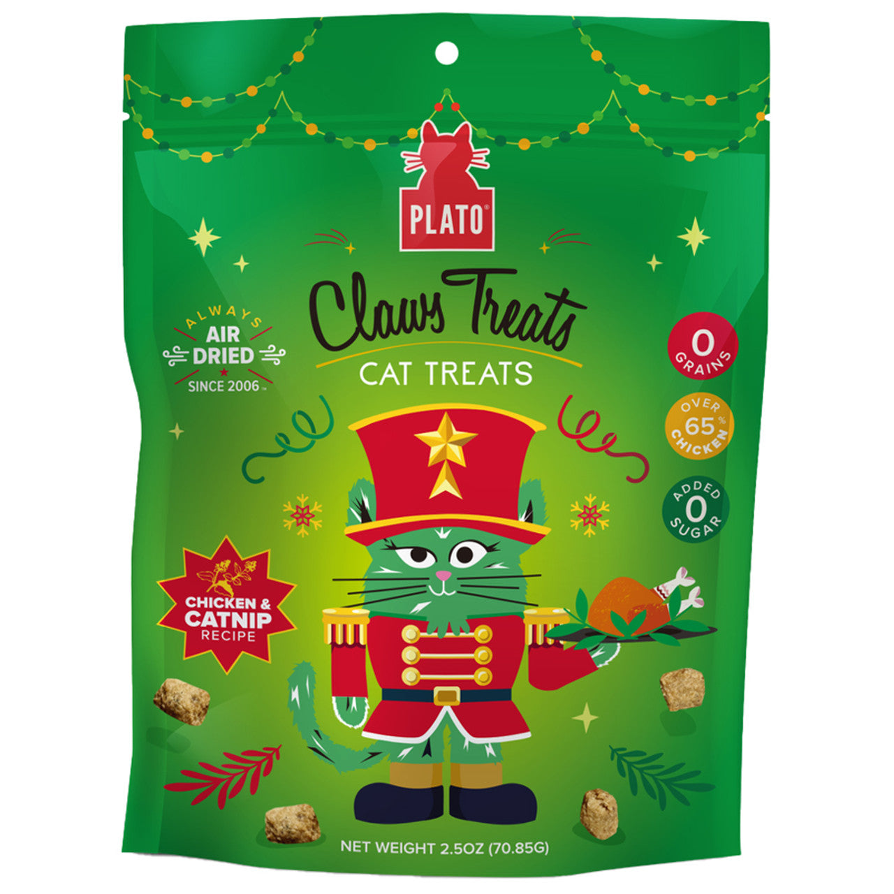 Plato Holiday Claws Chicken & Catnip Recipe Air Dried Cat Treats 2.5oz