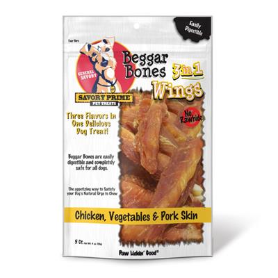 Savory Prime Beggar Bone 3in1 Wings Dog Treat Chicken, Vegetable & Pork 5ct