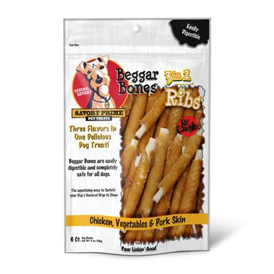 Savory Prime Beggar Bone 3in1 Ribs Dog Treat Chicken, Vegetable & Pork 5ct