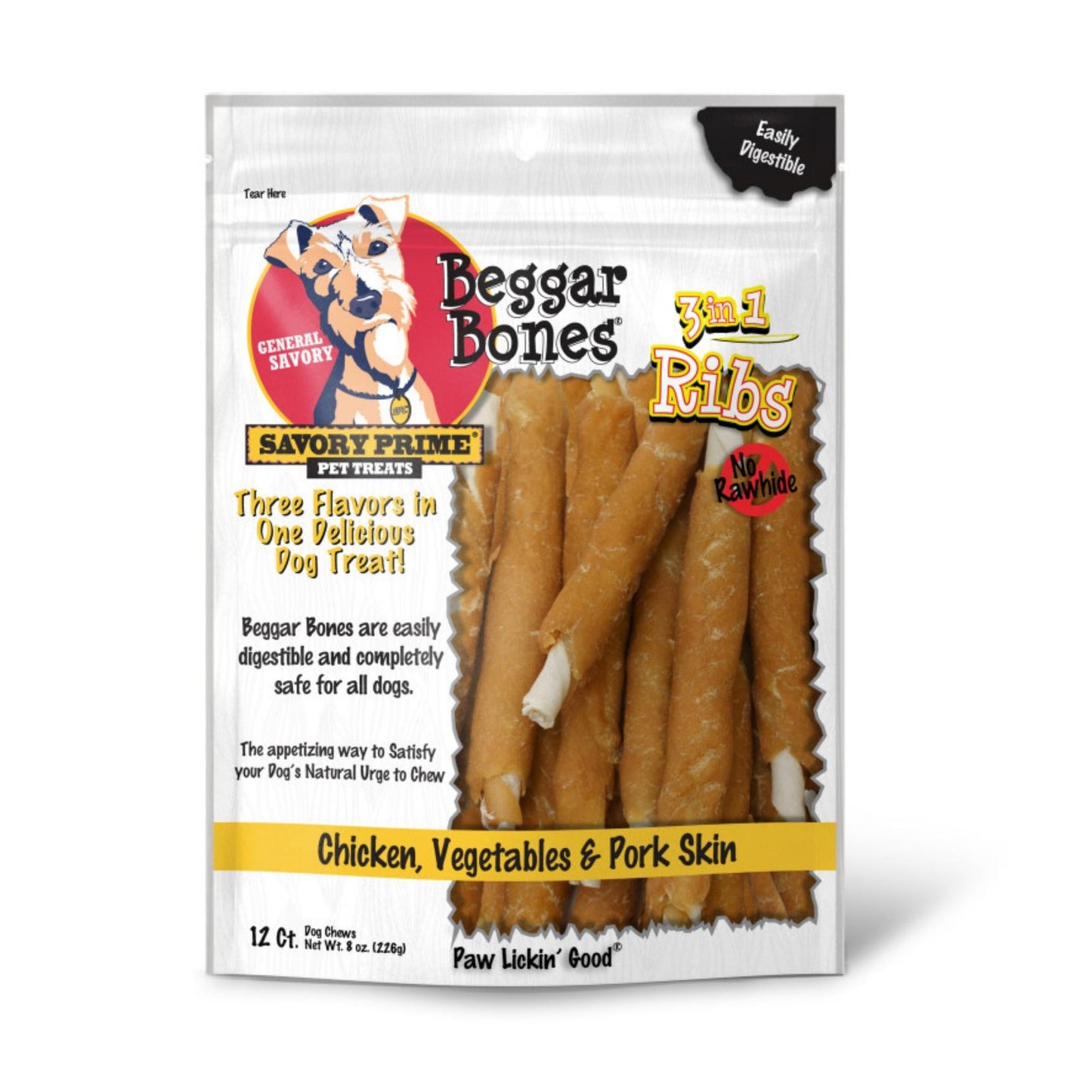 Savory Prime Beggar Bone 3in1 Ribs Dog Treat Chicken, Vegetable & Pork  12 ct