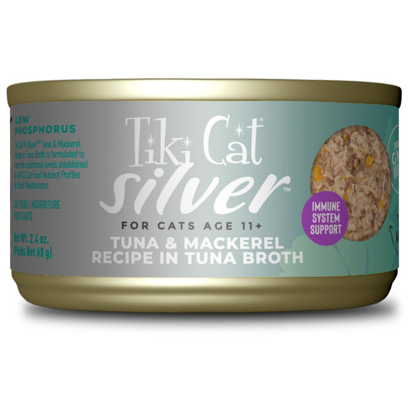 Tiki Cat Silver Wet Cat Food for Seniors Tuna & Mackerel 2.4oz Can