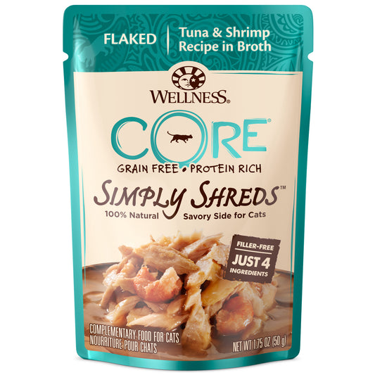 Wellness CORE Simply Shreds Natural Grain Free Wet Cat Food Mixer Or Topper, Shredded Tuna & Shrimp in Broth, 1.75-Ounce Pouch