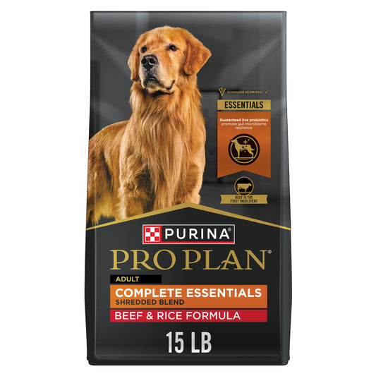 Purina Pro Plan Complete Essentials Shredded Blend Beef and Rice Dog Food 15lb Bag