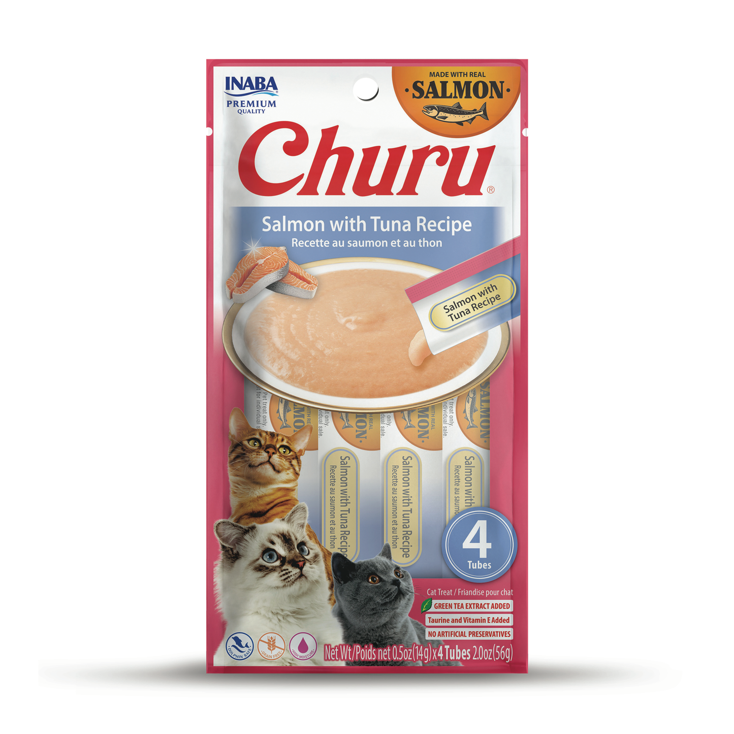 INABA Churu Cat Treats, Grain-Free, Lickable, Squeezable Creamy Purée Cat Treat with Vitamin E & Taurine, 0.5 Ounces Each Tube, 4 Tubes, Salmon with Tuna Recipe