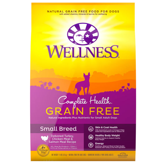 Wellness Complete Health Natural Grain Free Dry Small Breed Dog Food Turkey Chicken & Salmon 11lb Bag