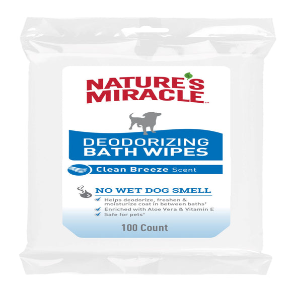 Nature's Miracle Deodorizing Clean Breeze Scent Bath Wipes for Dogs, Count of 100