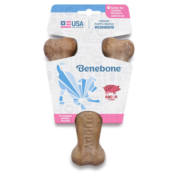 Benebone Puppy Wishbone Dog Chew Toy  Softer for Modest Chewers  Bacon  Medium