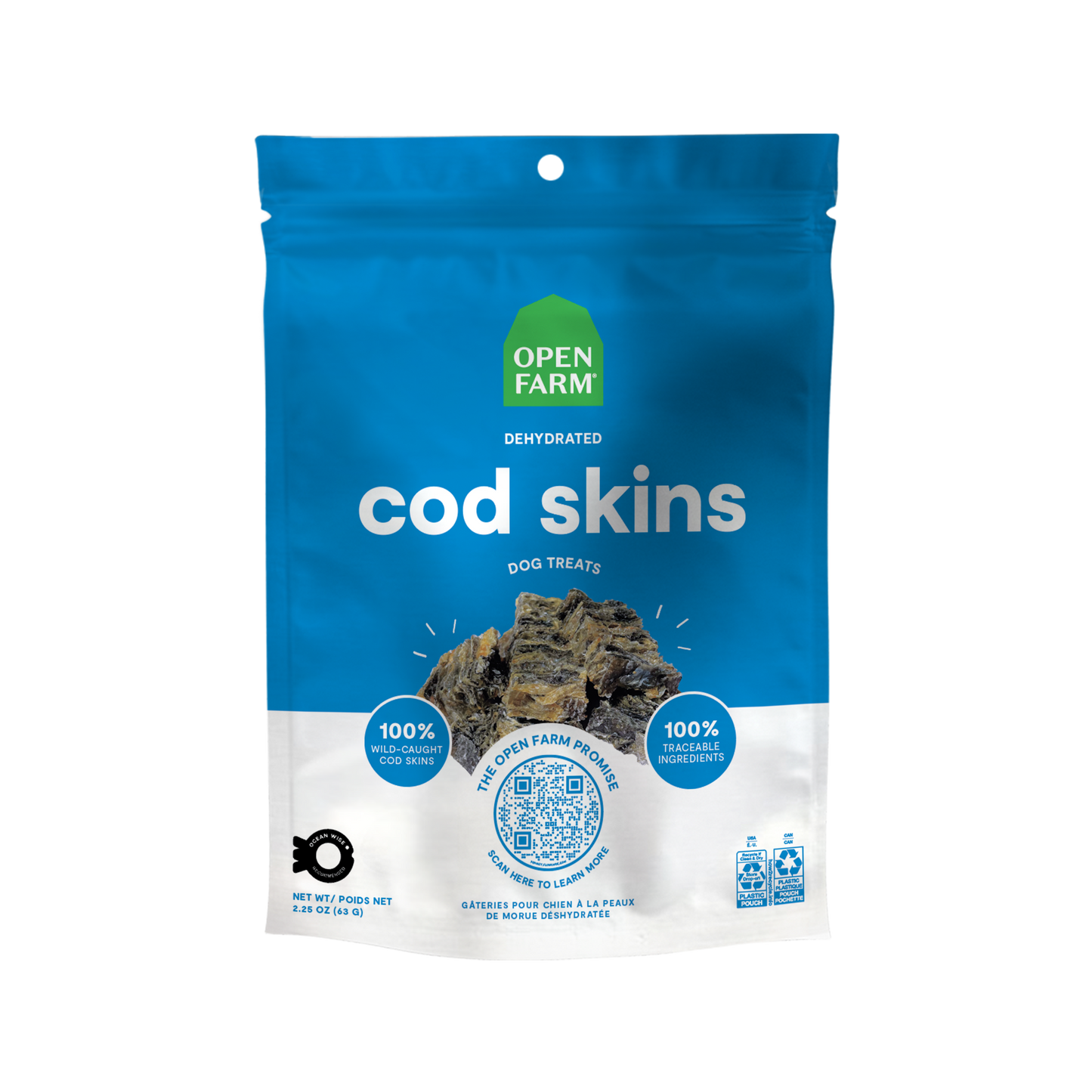 Open Farm Dehydrated Cod Skins Treats For Dogs 2.25oz Bag