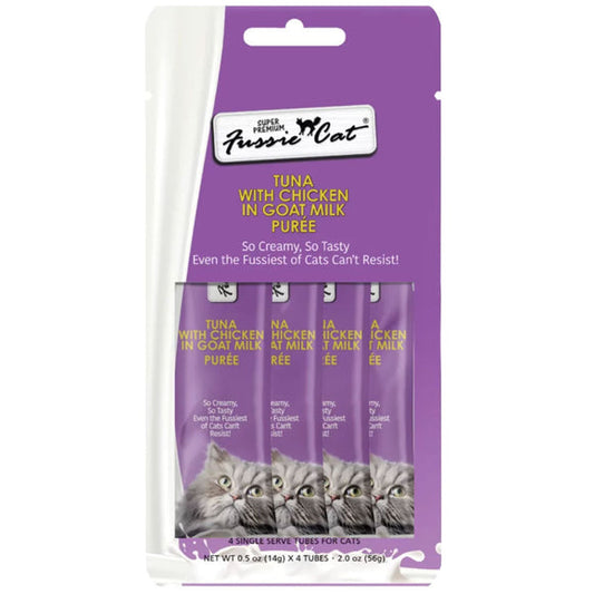Fussie Cat Tuna with Chicken in Goat Milk Puree Lickable Cat Treats .5oz 4pk
