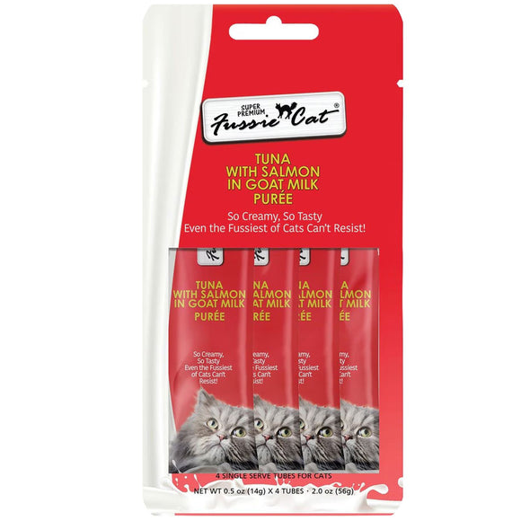 Fussie Cat Tuna with Salmon in Goat Milk Puree Lickable Cat Treats .5oz 4pk