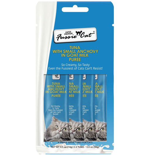 Fussie Cat Tuna with Small Anchovy in Goat Milk Puree Lickable Cat Treats .5oz 4pk
