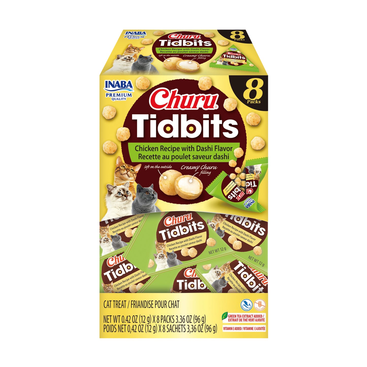 INABA Churu Tidbits for Cats 3.36oz 8pk Chicken Recipe with Dashi Flavor