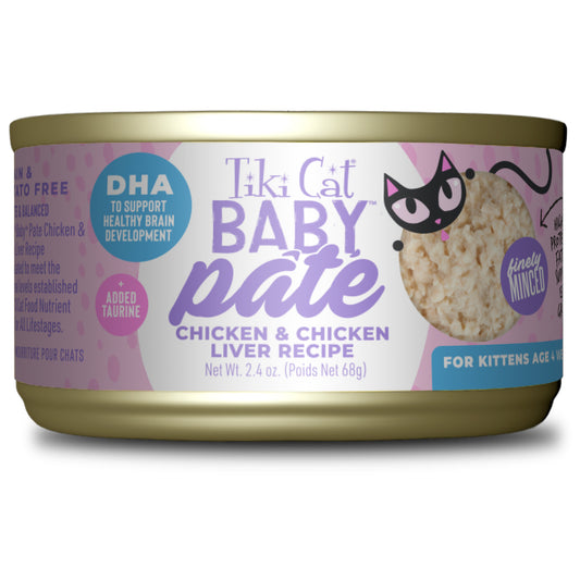 Tiki Cat Baby Pate Wet Cat Food For Kittens, Chicken & Chicken Liver, 2.4 oz. Can