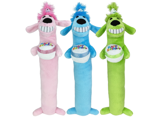 Multipet Plush Dog Toy Loofa Dog Birthday 12in Assorted