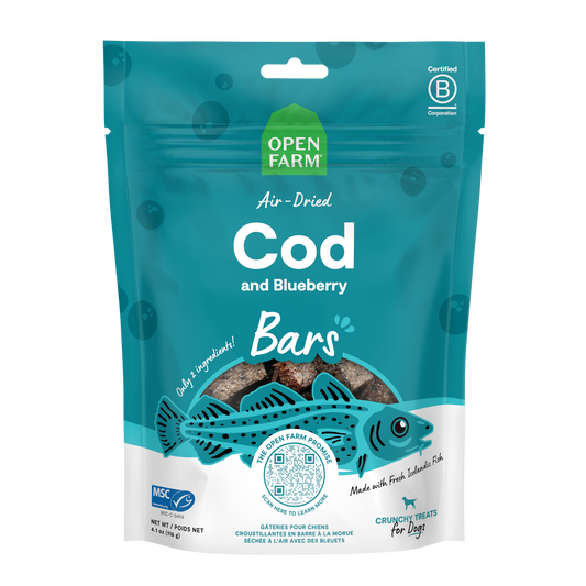 Open Farm Air Dried Cod And Blueberry Crunchy Dog Treat Bars 4.1oz Bag