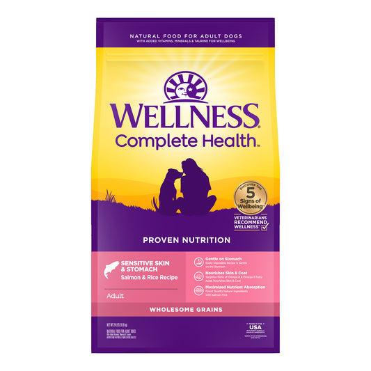 Wellness Complete Health Sensitive Skin & Stomach Dry Dog Food, Wholesome Grains, Natural, Salmon & Rice Recipe 24lb bag