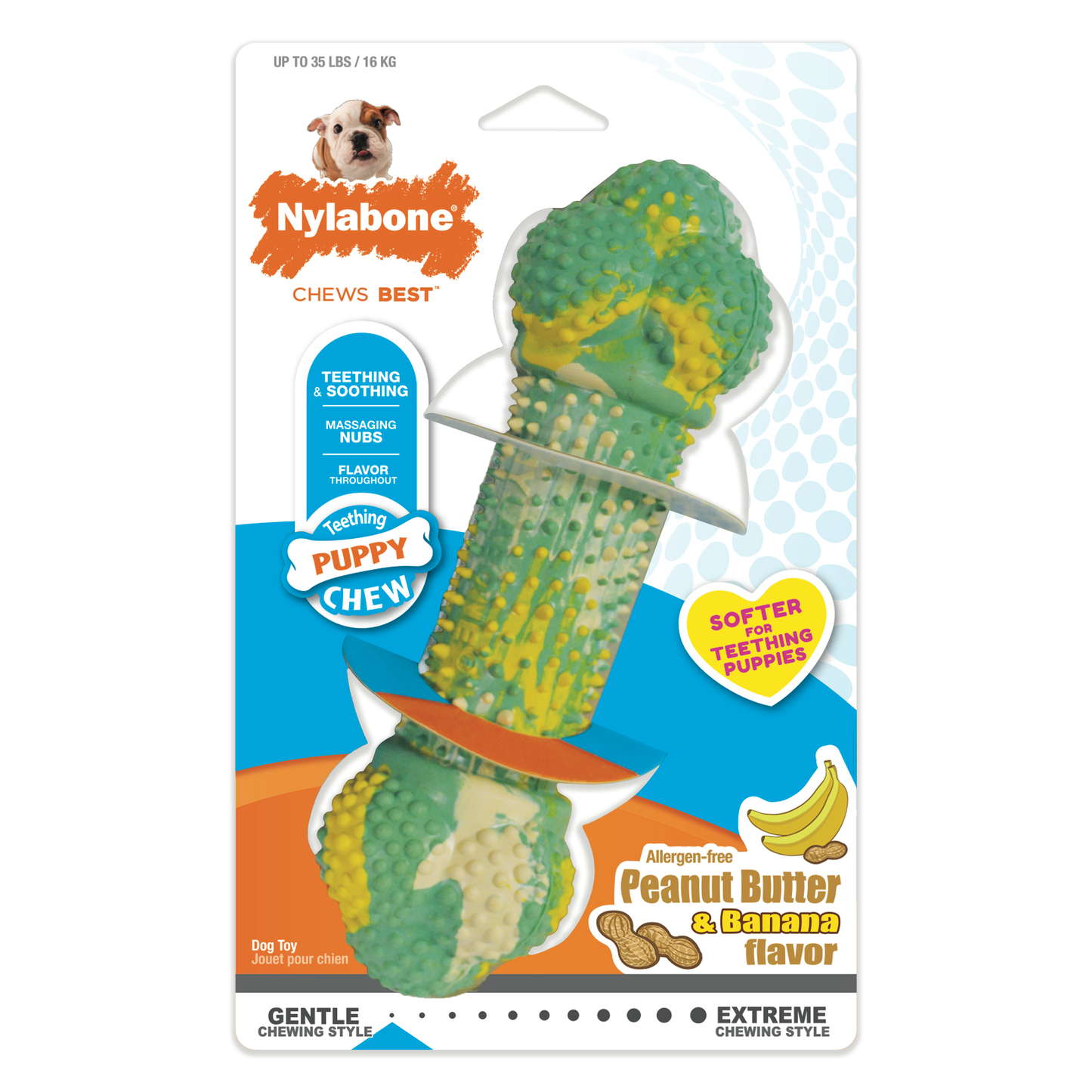 Nylabone Just for Puppies Double Action Bone Puppy Dog Teething Chew Toy Banana & Peanut Butter Barbell Medium/Wolf