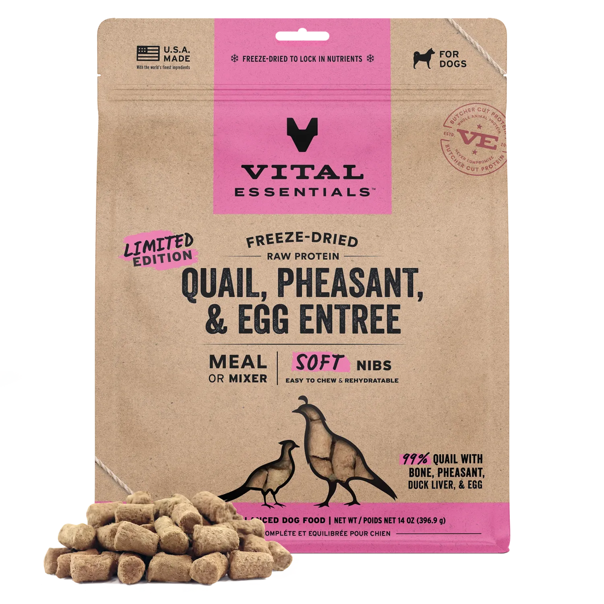 Vital Freeze-Dried Raw Quail, Pheasant, Egg Entree & Mixer Dog Food Soft Nibs 14 oz