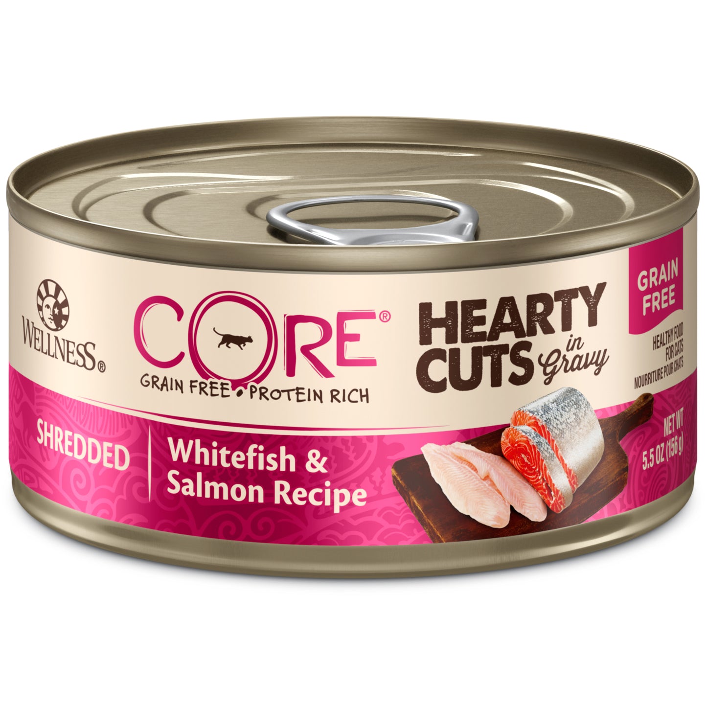 Wellness CORE Hearty Cuts Natural Grain Free Wet Canned Cat Food Whitefish & Salmon 5.5oz Can