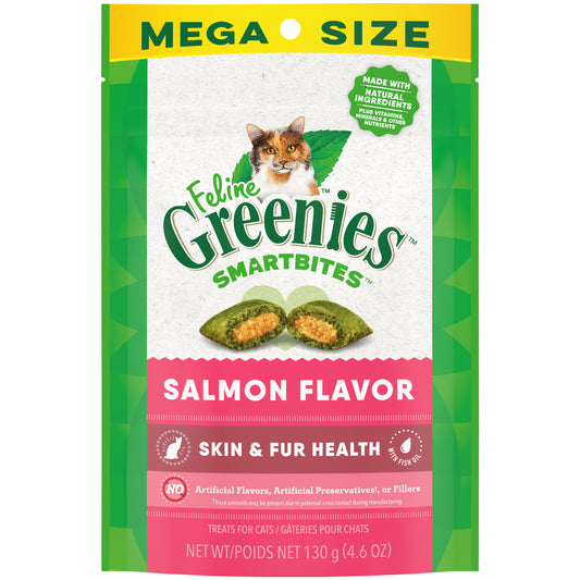 Feline Grteenies Smartbites Skin & Fur Health Crunchy and Soft Natural Cat Treats, Salmon Flavor, 4.6 oz