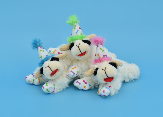 Multipet Plush Dog Toy Lamb Chop with Birthday Hat 10.5in Assorted