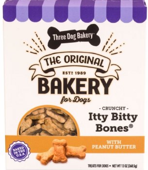 Three Dog Bakery Itty Bitty Bones Dog Cookies Peanut Butter Vanilla 13oz