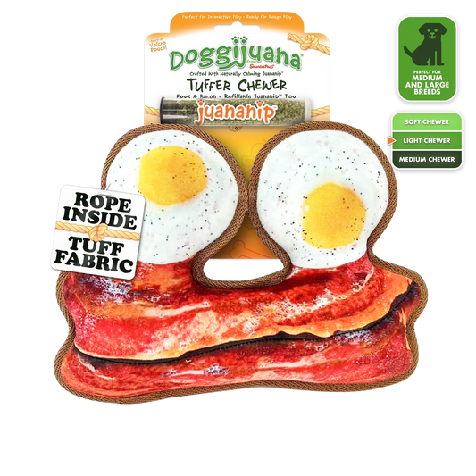 Doggijuana Plush Dog Toy Tuffer Chewer Bacon and Eggs