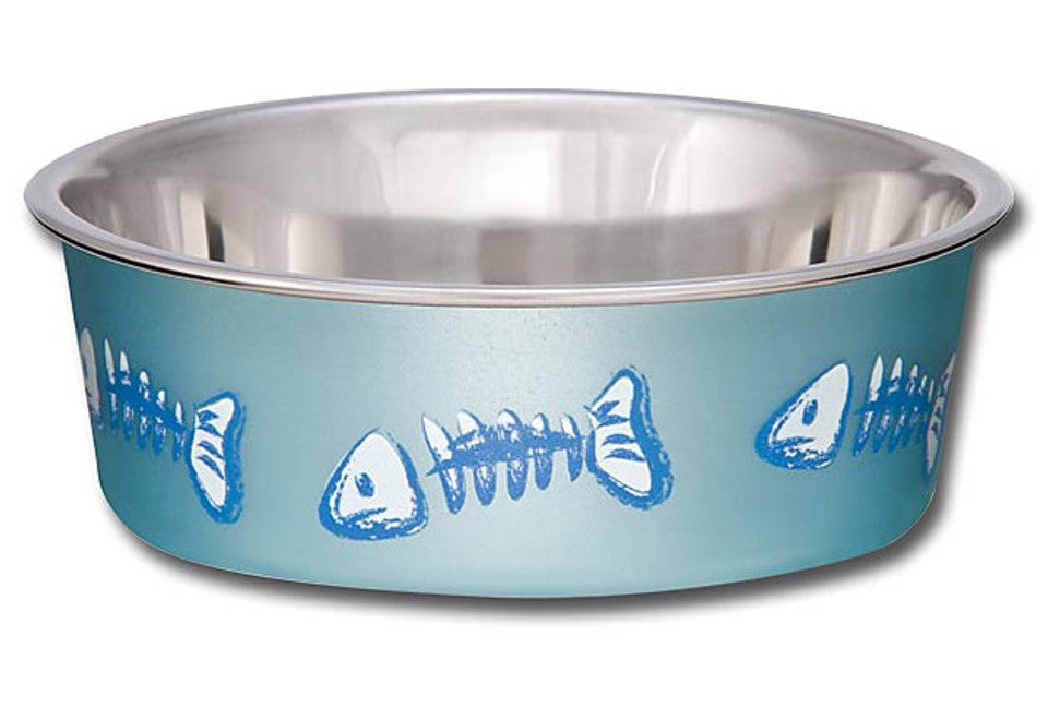 Loving Pets Bella Bowl Fish Skeleton Design - Metallic Ocean Blue eXtra Small