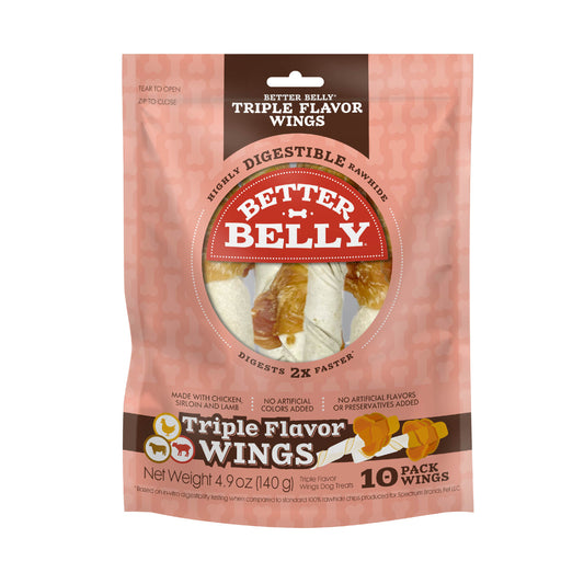 Better Belly Triple Flavor Wings Rawhide Dog Treat With Chicken Sirloin & Lamb 10pk