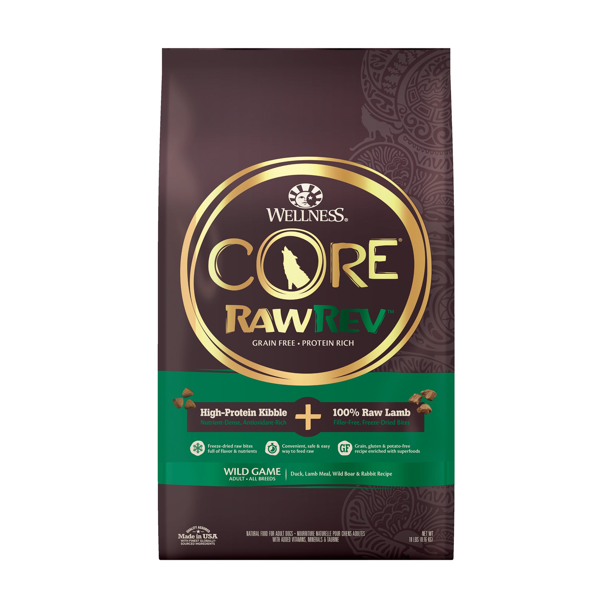 Wellness CORE RawRev Natural Grain Free Dry Dog Food Wild Game Duck Wild Boar Rabbit with Freeze Dried Lamb 18lb Bag