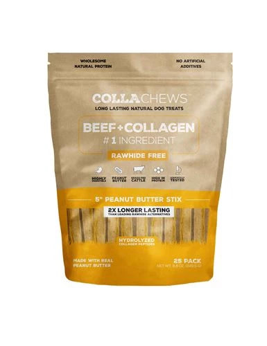 CollaChews Peanut Butter Collagen Sticks Dog Treats, 5 Inches, 25 Pack