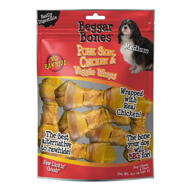 Savory Prime Beggar Bones Pork Skin, Chicken & Veggie Wraps Dog Treats 13.1 oz, 6 pk